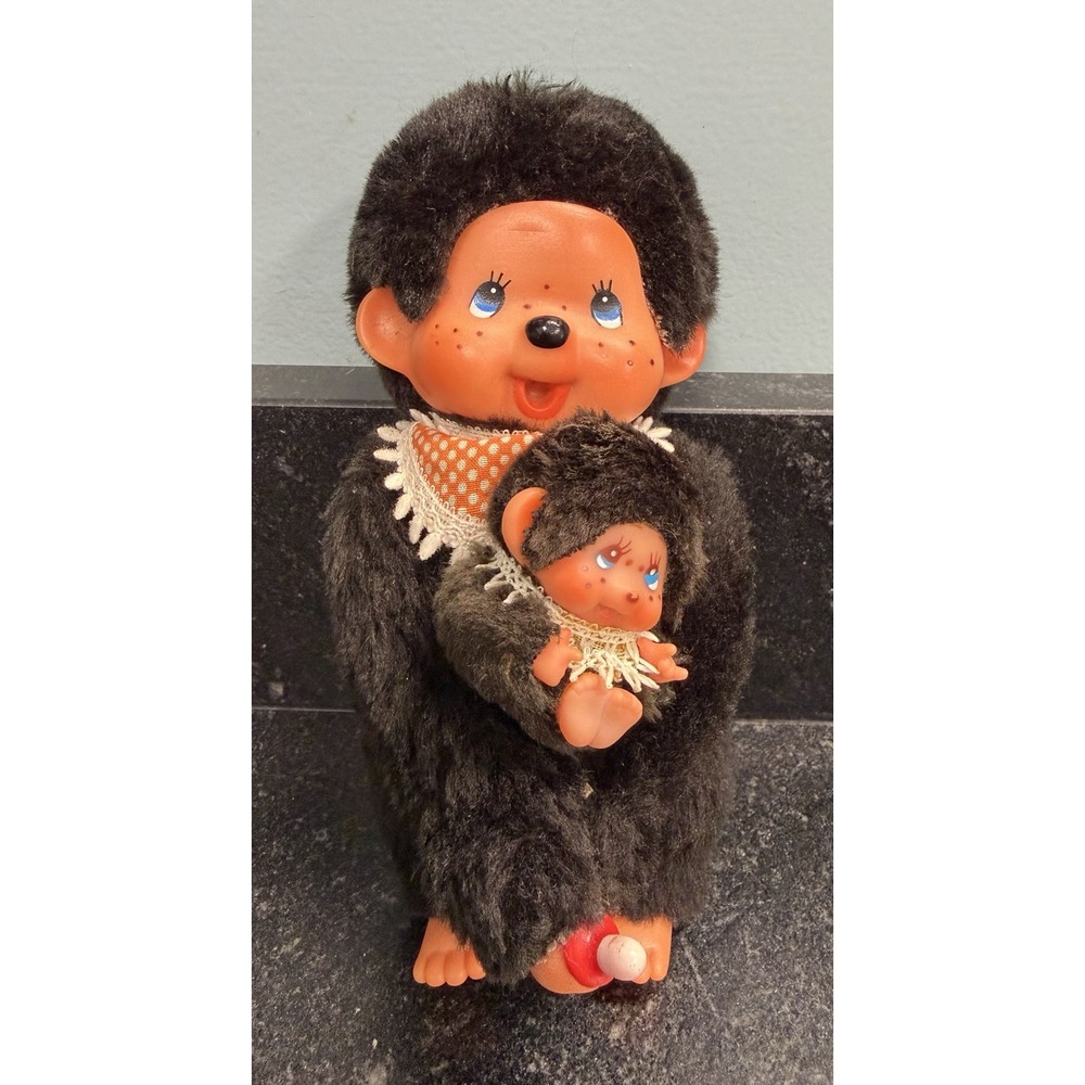 Vtg House of Lloyd Monchhichi Style Monkey Mom & Baby Blue Eyes Korea Plush
